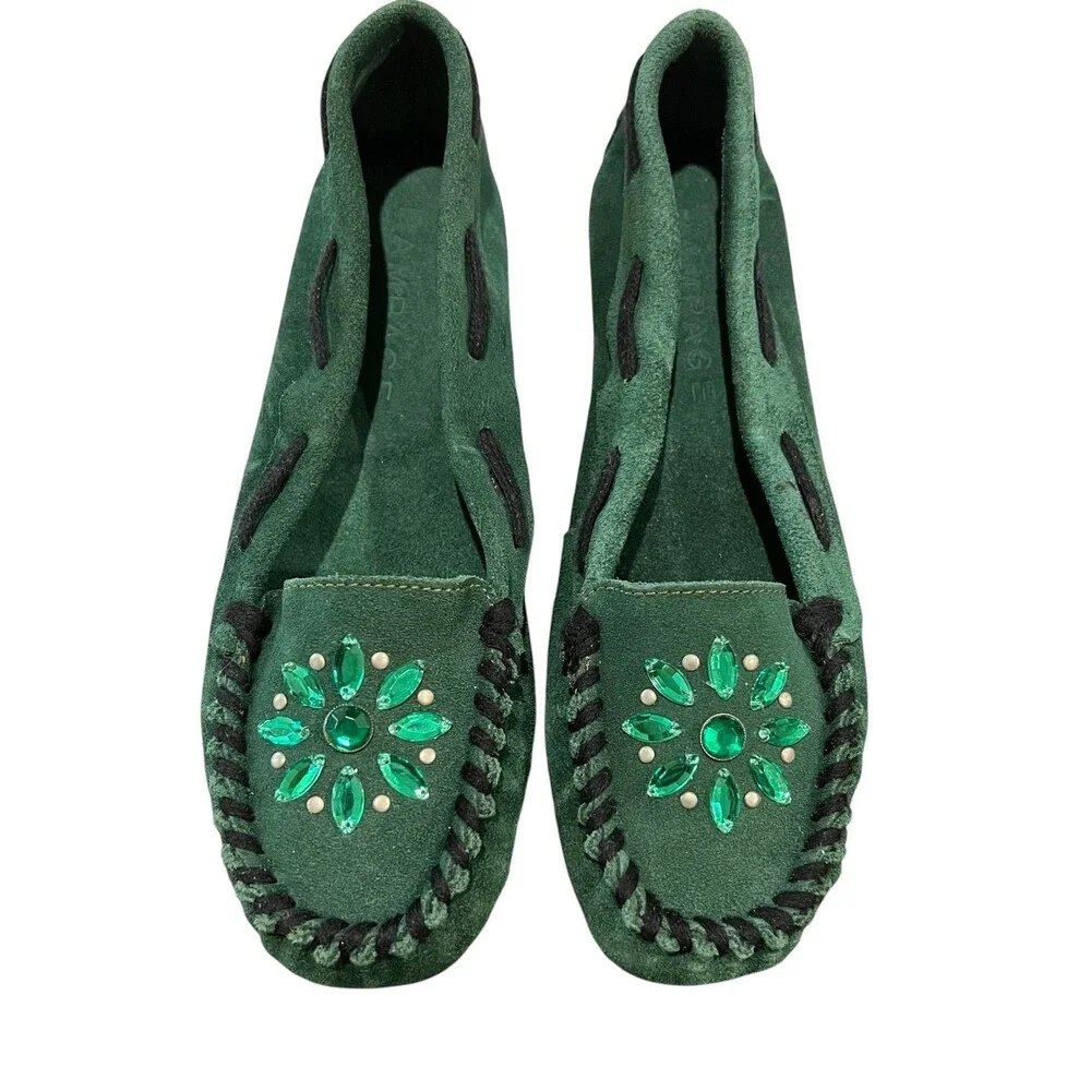Rampage Green Suede Rhinestone Navajo Moccasin  US 7  NWOB  Boho Y2K 90s Holiday